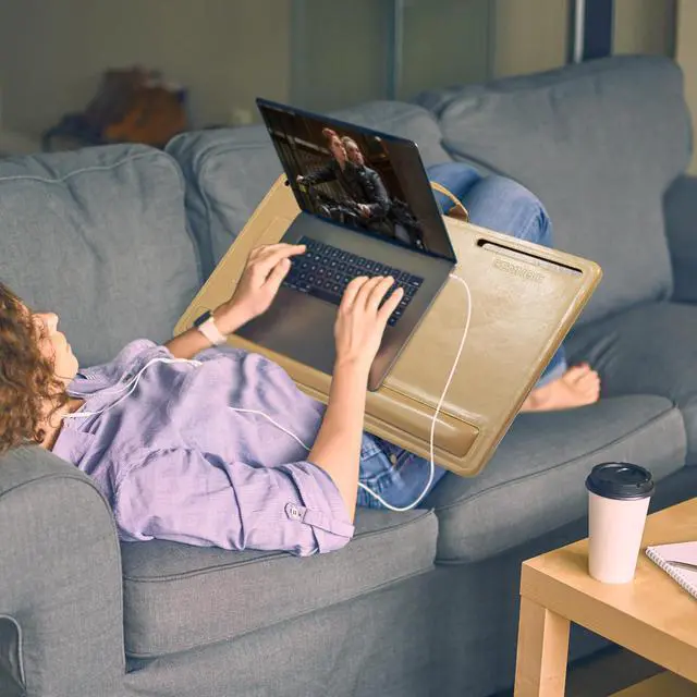 Alt view image 12 of 14 - Leather Lap Desk for Laptop, 24 x 16 inches (Brown) | With Memory Foam Cushion & Built-in Wrist Rest, Portable,Adjustable Laptop Desk Fits up to 19 inch Laptop