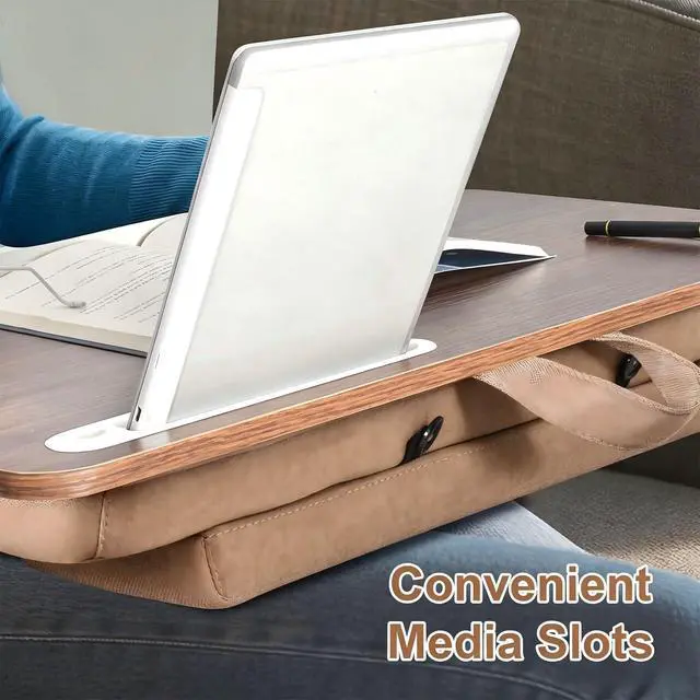 Alt view image 8 of 10 - Wooden Lap Desk with Handle, Natural Wood Grain Finish, Portable Laptop Table with pohone Slots