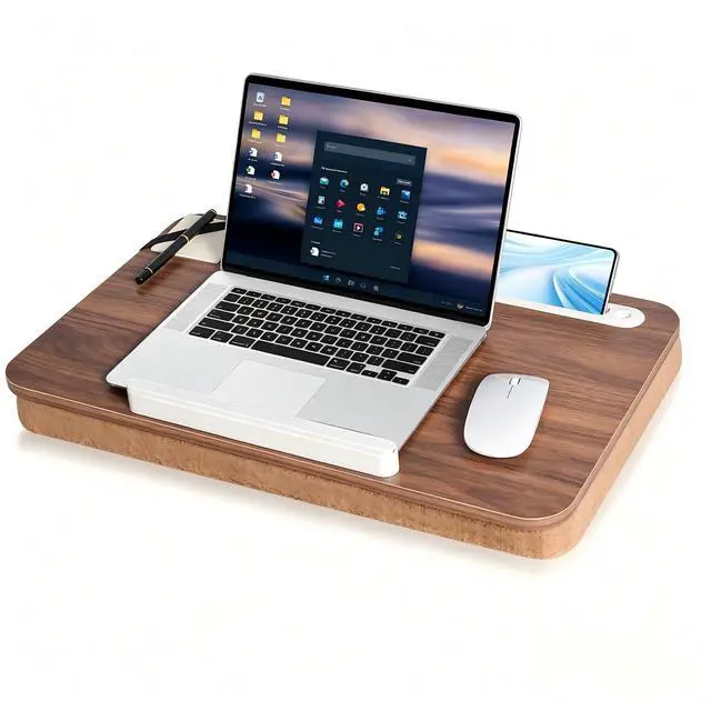 Alt view image 6 of 10 - Wooden Lap Desk with Handle, Natural Wood Grain Finish, Portable Laptop Table with pohone Slots