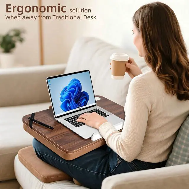 Alt view image 9 of 10 - Wooden Lap Desk with Handle, Natural Wood Grain Finish, Portable Laptop Table with pohone Slots