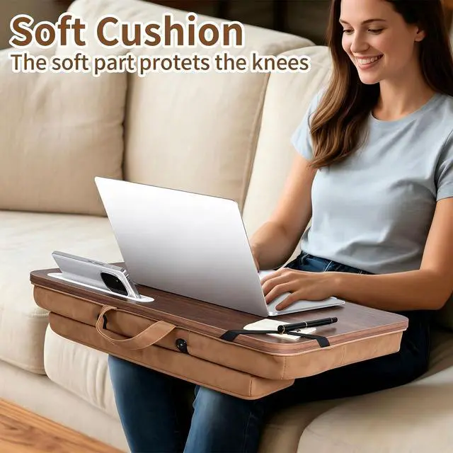 Alt view image 10 of 10 - Wooden Lap Desk with Handle, Natural Wood Grain Finish, Portable Laptop Table with pohone Slots