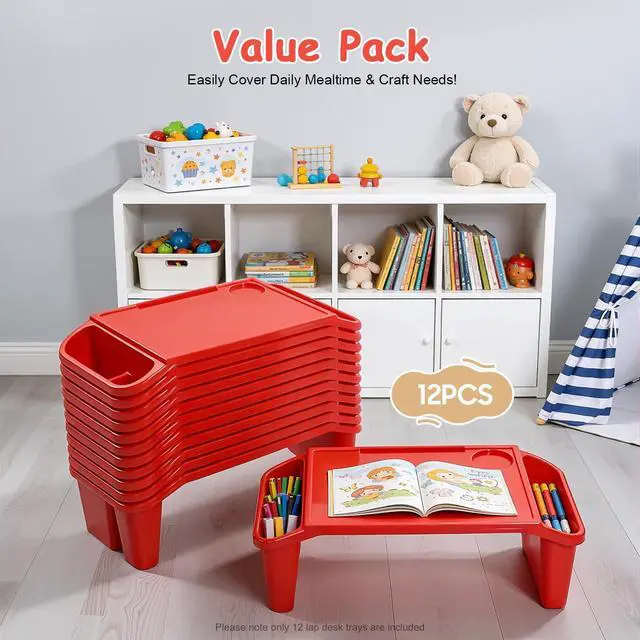 Alt view image 12 of 14 - 12 pcs Kids Lap Desk, Plastic Lap Bed Table with Side Pockets, Portable Breakfast Lap Storage Trays for Writing Eating Game Classroom (Red)