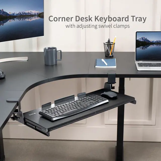 Alt view image 9 of 14 - Large Pull Out Keyboard Tray for Corner Desk, 27 (33 Including Clamps) x 11 inch Slide-Out Platform Computer Drawer, 90-Degree Swivel C-Clamps for L-Shaped Workstation, Black, MOUNT-KB10C