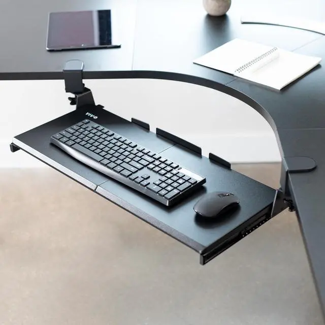 Alt view image 10 of 14 - Large Pull Out Keyboard Tray for Corner Desk, 27 (33 Including Clamps) x 11 inch Slide-Out Platform Computer Drawer, 90-Degree Swivel C-Clamps for L-Shaped Workstation, Black, MOUNT-KB10C
