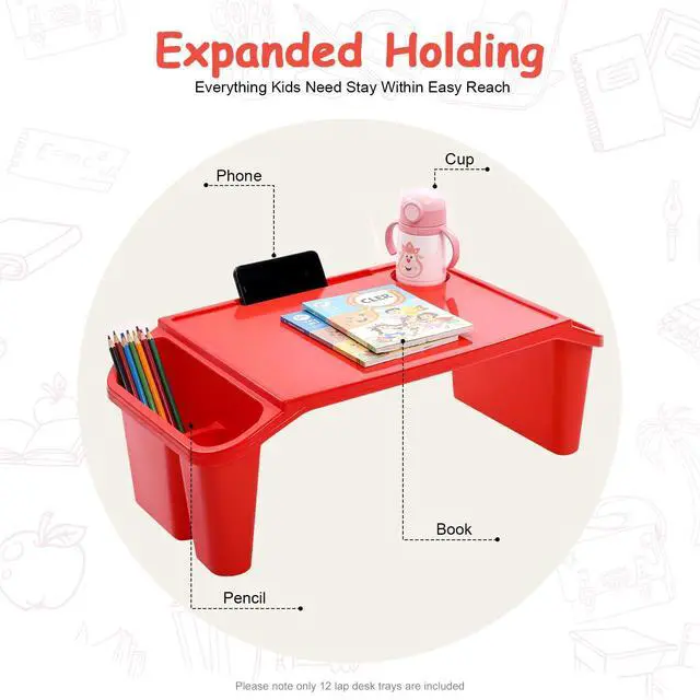 Alt view image 13 of 14 - 12 pcs Kids Lap Desk, Plastic Lap Bed Table with Side Pockets, Portable Breakfast Lap Storage Trays for Writing Eating Game Classroom (Red)