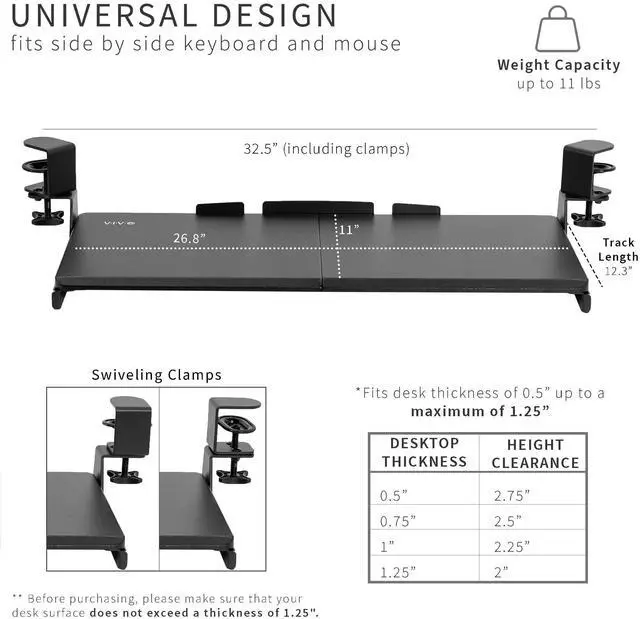 Alt view image 12 of 14 - Large Pull Out Keyboard Tray for Corner Desk, 27 (33 Including Clamps) x 11 inch Slide-Out Platform Computer Drawer, 90-Degree Swivel C-Clamps for L-Shaped Workstation, Black, MOUNT-KB10C