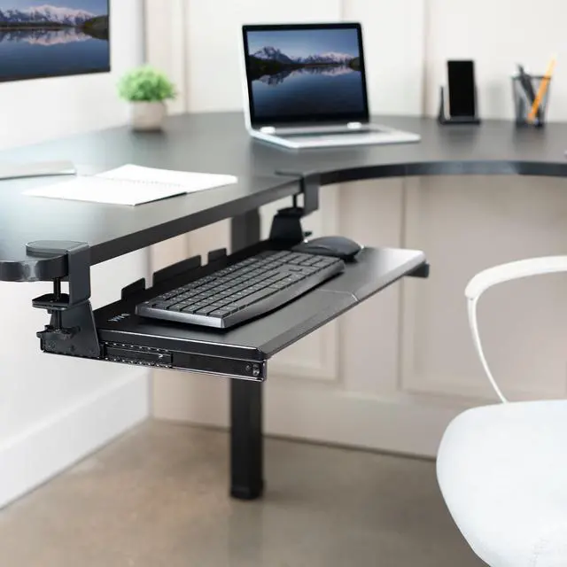 Alt view image 13 of 14 - Large Pull Out Keyboard Tray for Corner Desk, 27 (33 Including Clamps) x 11 inch Slide-Out Platform Computer Drawer, 90-Degree Swivel C-Clamps for L-Shaped Workstation, Black, MOUNT-KB10C