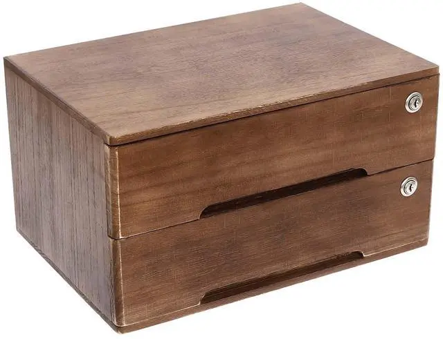 Alt view image 8 of 14 - 2 Drawer Small Vintage Style Wooden Storage Organizer with Lock for Accessories - Rustic Decorative Box for Office, Desktop Countertop and Incense Storage