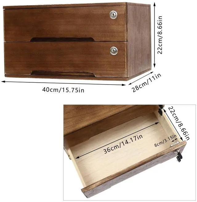 Alt view image 10 of 14 - Desk Organizer with 2 Drawers, Wooden Desktop Storage Cabinet File Holder with Locks and Keys, Storage Organizer Filing Case for Office Bedroom Home, L15.8*W11*H8.7in, Walnut