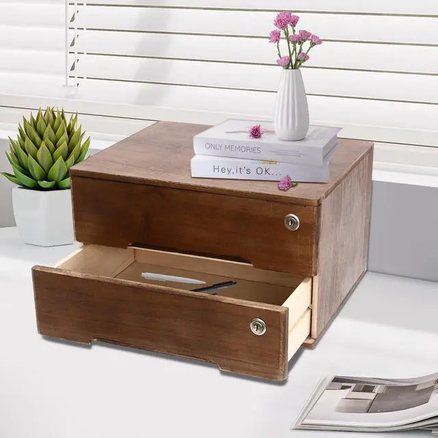 Alt view image 12 of 14 - Desk Organizer with 2 Drawers, Wooden Desktop Storage Cabinet File Holder with Locks and Keys, Storage Organizer Filing Case for Office Bedroom Home, L15.8*W11*H8.7in, Walnut