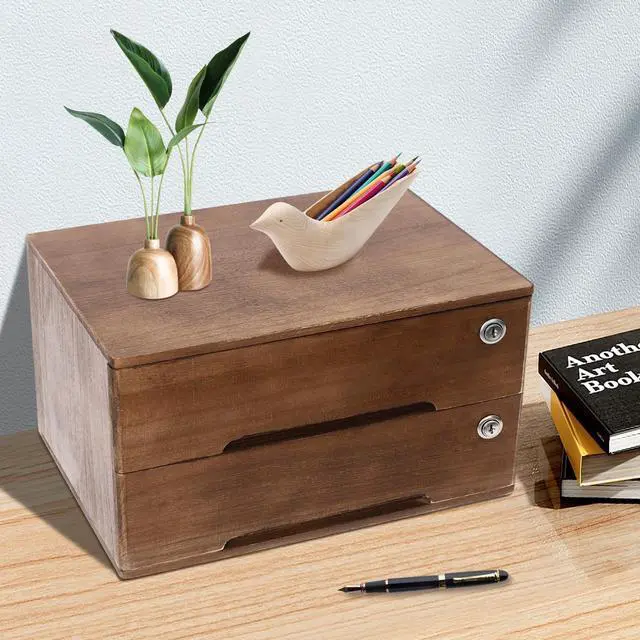 Alt view image 9 of 14 - 2 Drawer Small Vintage Style Wooden Storage Organizer with Lock for Accessories - Rustic Decorative Box for Office, Desktop Countertop and Incense Storage