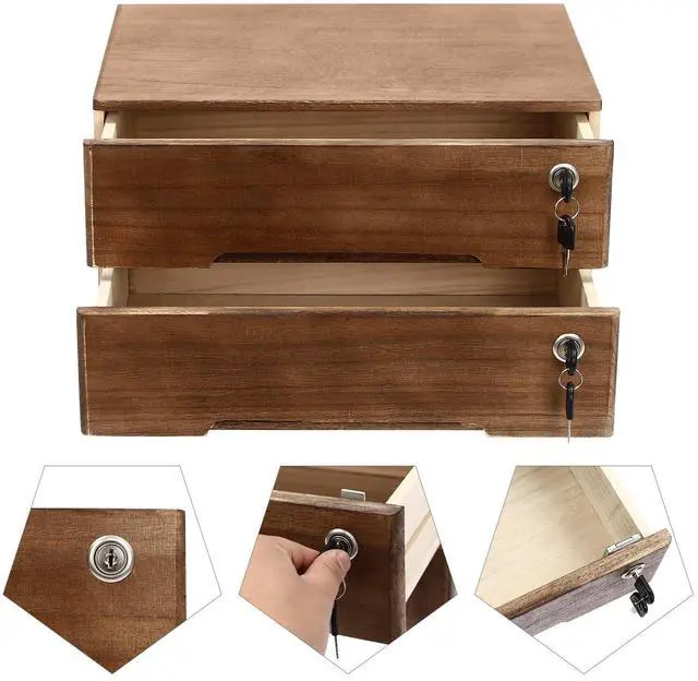 Alt view image 12 of 14 - 2 Drawer Small Vintage Style Wooden Storage Organizer with Lock for Accessories - Rustic Decorative Box for Office, Desktop Countertop and Incense Storage