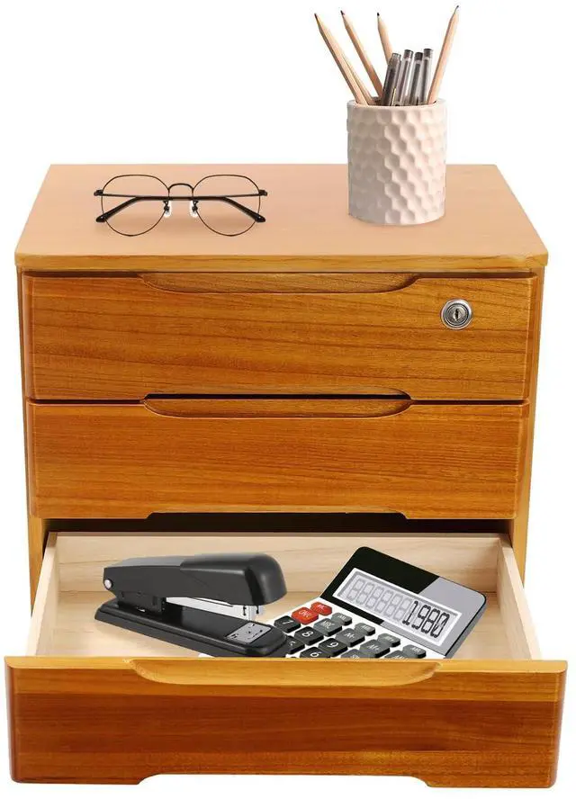 Alt view image 8 of 14 - Wooden Desk Organizer with Drawers and Lock, Desktop Storage Cabinet,Drawer Organizer Desktop Drawer Wooden Storage Box for Home office Supplies (Wood, 3Tier)