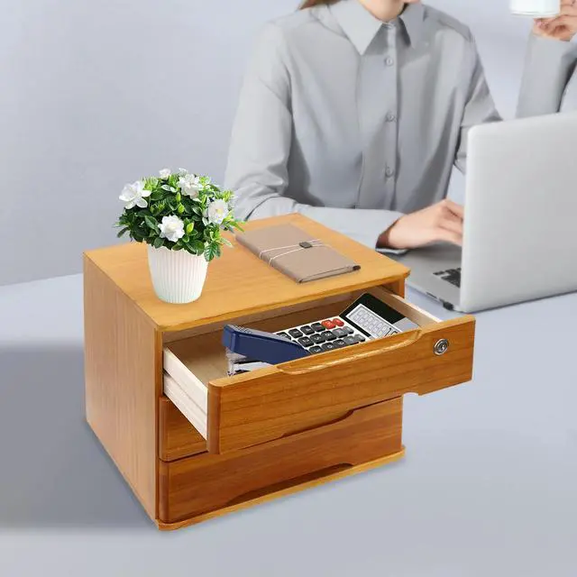 Alt view image 9 of 14 - Wooden Desk Organizer with Drawers and Lock, Desktop Storage Cabinet,Drawer Organizer Desktop Drawer Wooden Storage Box for Home office Supplies (Wood, 3Tier)