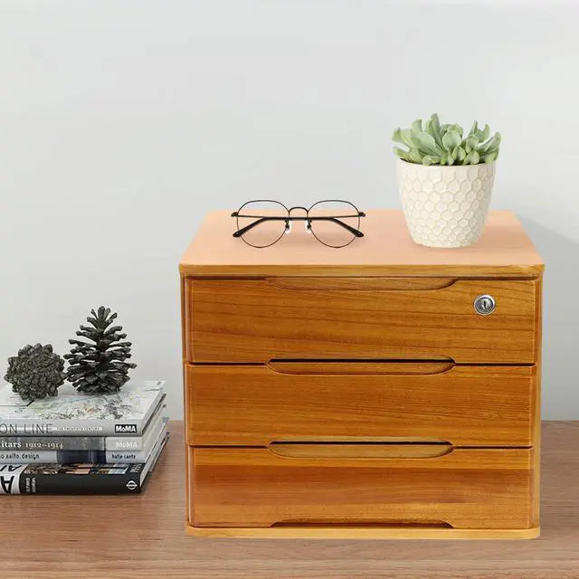Alt view image 13 of 14 - Wooden Desk Organizer with Drawers and Lock, Desktop Storage Cabinet,Drawer Organizer Desktop Drawer Wooden Storage Box for Home office Supplies (Wood, 3Tier)