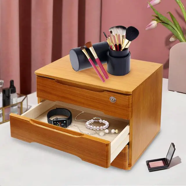 Alt view image 14 of 14 - Wooden Desk Organizer with Drawers and Lock, Desktop Storage Cabinet,Drawer Organizer Desktop Drawer Wooden Storage Box for Home office Supplies (Wood, 3Tier)