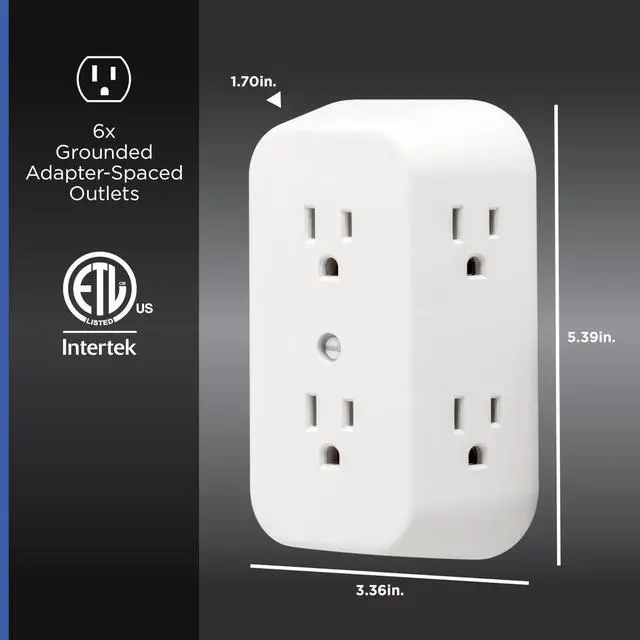 Alt view image 8 of 12 - Outlet Extender, 2 Pack, 6 Outlet Multi Plug Wall Power Splitter | 3 Prong Multiple Plug Wall Adapter (Wide Spaced Outlets), Electrical Expander, UL Safety Listed, White, 40222
