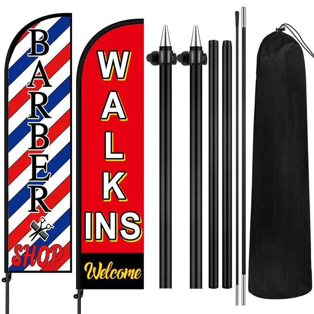 Alt view image 8 of 14 - 2 Set Barber Flag Walk Ins Welcome Barbershop Swooper Flag with Pole Kit Open Feather Barber Sign Windless Banner for Salon Business Advertising Outdoor Outside(10 Ft)