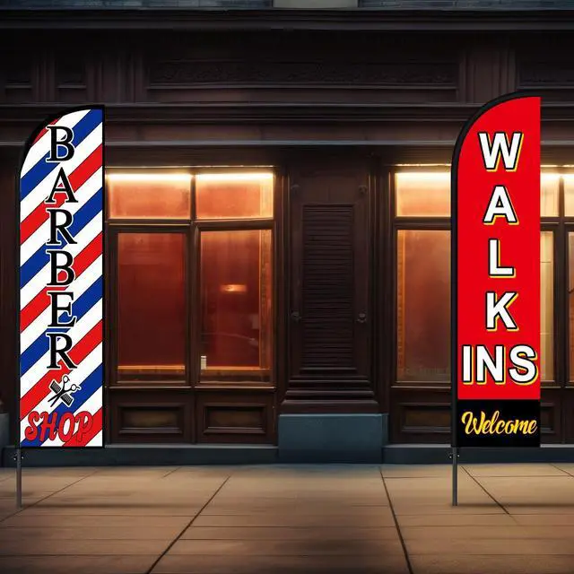 Alt view image 11 of 14 - 2 Set Barber Flag Walk Ins Welcome Barbershop Swooper Flag with Pole Kit Open Feather Barber Sign Windless Banner for Salon Business Advertising Outdoor Outside(10 Ft)