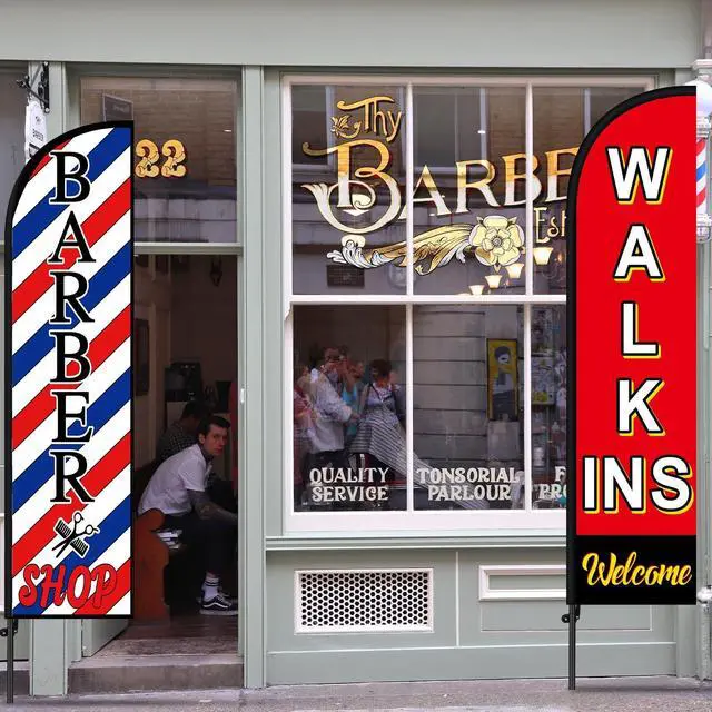 Alt view image 14 of 14 - 2 Set Barber Flag Walk Ins Welcome Barbershop Swooper Flag with Pole Kit Open Feather Barber Sign Windless Banner for Salon Business Advertising Outdoor Outside(10 Ft)