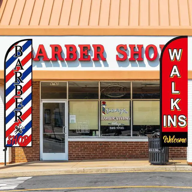 Alt view image 13 of 14 - 2 Set Barber Flag Walk Ins Welcome Barbershop Swooper Flag with Pole Kit Open Feather Barber Sign Windless Banner for Salon Business Advertising Outdoor Outside(10 Ft)