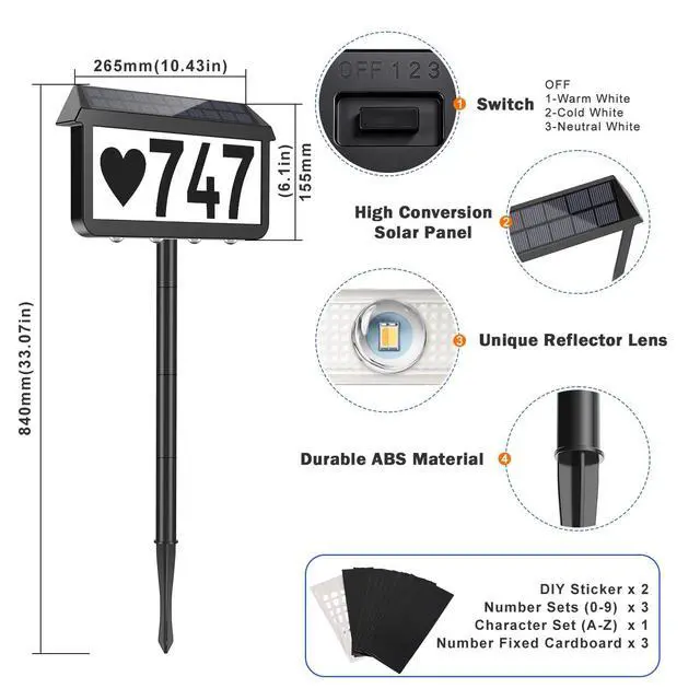 Alt view image 9 of 14 - Solar Address Signs, House Number for Outside Waterproof | 3 Lighting Modes with Stake, Wall Mounted/In Ground, for Outside Yard Home, 1-Pack Black