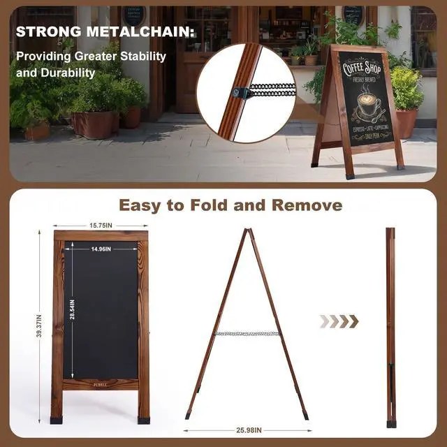 Alt view image 9 of 14 - Large Sandwich A-Frame Chalkboard Signs, 40" x 20" Magnetic Board | Brown Wooden Chalk Board, Double-Sided Outdoor Chalkboard for Sidewalk Cafe Shop Wedding Party or Business