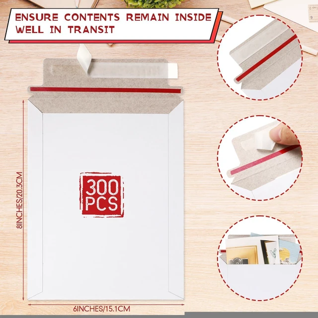 Alt view image 8 of 12 - 300 Pcs 6 x 8 Inch Rigid Mailers Self Adhesive Seal Photo Document Mailers 250gsm Keep Flat White Photography Cardboard Envelopes for Shipping Cd, Photo, Gift Card, Document, Paper