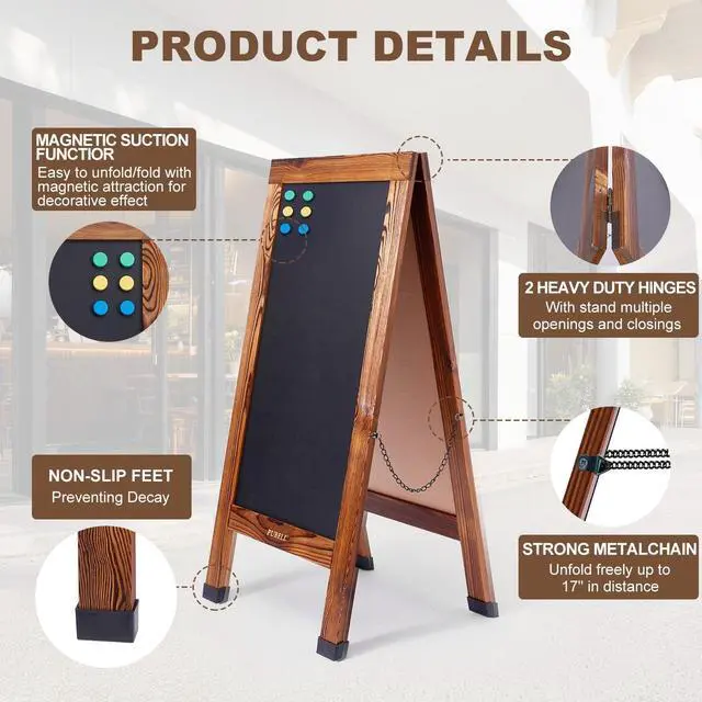 Alt view image 12 of 14 - Large Sandwich A-Frame Chalkboard Signs, 40" x 20" Magnetic Board | Brown Wooden Chalk Board, Double-Sided Outdoor Chalkboard for Sidewalk Cafe Shop Wedding Party or Business
