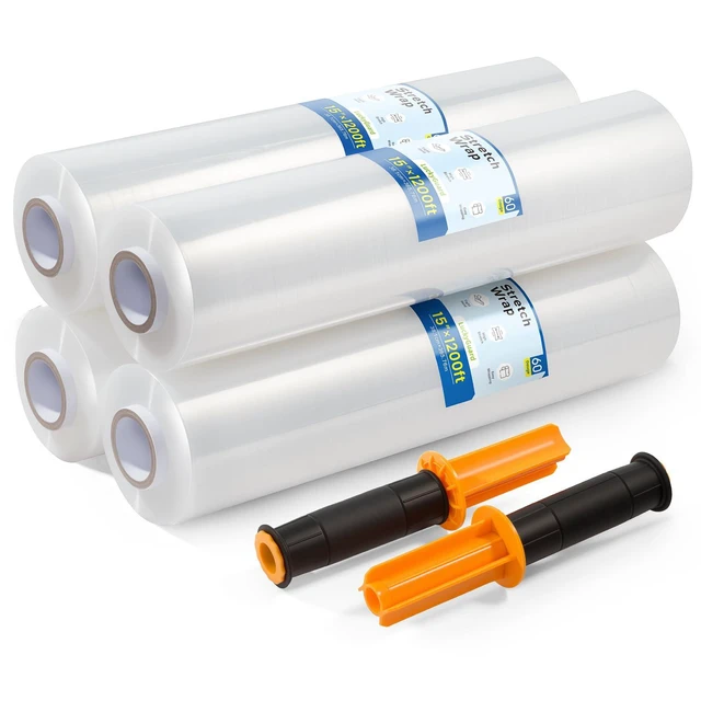 Alt view image 8 of 14 - Stretch Film Wrap 15 Inch x 1200 Feet Self-Adhering Shrink Wrap Roll with Plastic Handles Industrial Strength up to 500% Stretch Wrap for Moving, Packing, Pallet Wrapping (4 Rolls, 60 Gauge)