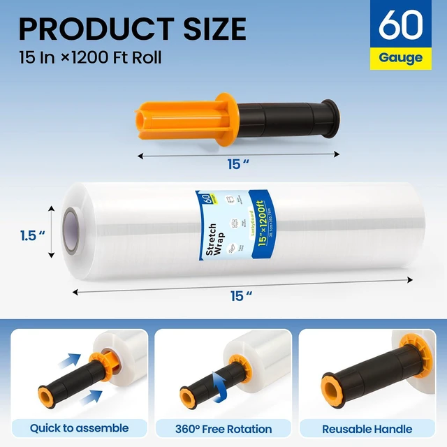 Alt view image 9 of 14 - Stretch Film Wrap 15 Inch x 1200 Feet Self-Adhering Shrink Wrap Roll with Plastic Handles Industrial Strength up to 500% Stretch Wrap for Moving, Packing, Pallet Wrapping (4 Rolls, 60 Gauge)