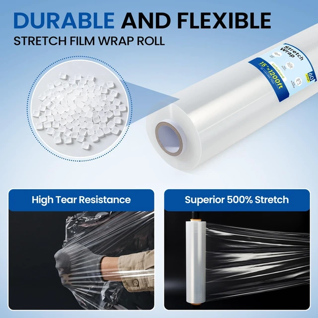 Alt view image 10 of 14 - Stretch Film Wrap 15 Inch x 1200 Feet Self-Adhering Shrink Wrap Roll with Plastic Handles Industrial Strength up to 500% Stretch Wrap for Moving, Packing, Pallet Wrapping (4 Rolls, 60 Gauge)