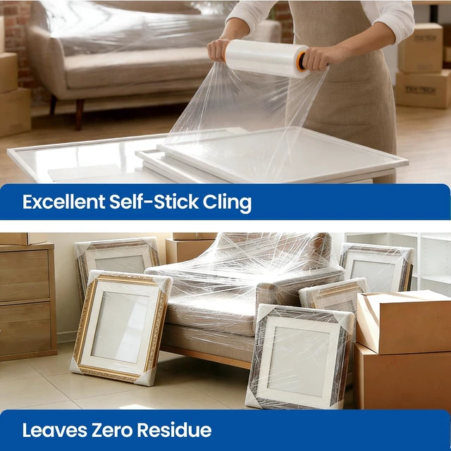 Alt view image 12 of 14 - Stretch Film Wrap 15 Inch x 1200 Feet Self-Adhering Shrink Wrap Roll with Plastic Handles Industrial Strength up to 500% Stretch Wrap for Moving, Packing, Pallet Wrapping (4 Rolls, 60 Gauge)