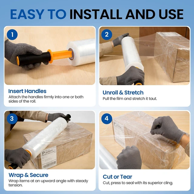 Alt view image 13 of 14 - Stretch Film Wrap 15 Inch x 1200 Feet Self-Adhering Shrink Wrap Roll with Plastic Handles Industrial Strength up to 500% Stretch Wrap for Moving, Packing, Pallet Wrapping (4 Rolls, 60 Gauge)