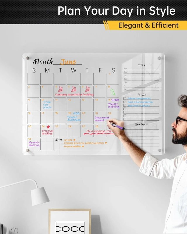 Alt view image 8 of 12 - 28x20" Clear Acrylic Wall Calendar with Dry Erase Surface, Large Monthly Planner Board, Includes Vibrant Markers, Eraser, Multi-Color Mounting Screws, & Easy Install Kit - Perfect for Home & Office