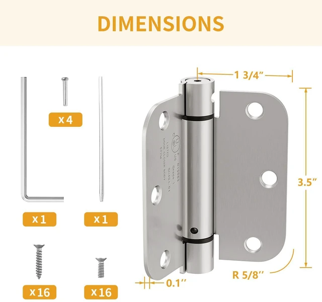 Alt view image 9 of 14 - 2 Pack Self Closing Door Hinges 3.5 Inch, Adjustable Tension | Spring Loaded Door Hinges for Garage/Front/Back Doors, 5/8'' Radius Corners, Fit Left/Right Hand Doors, UL Listed