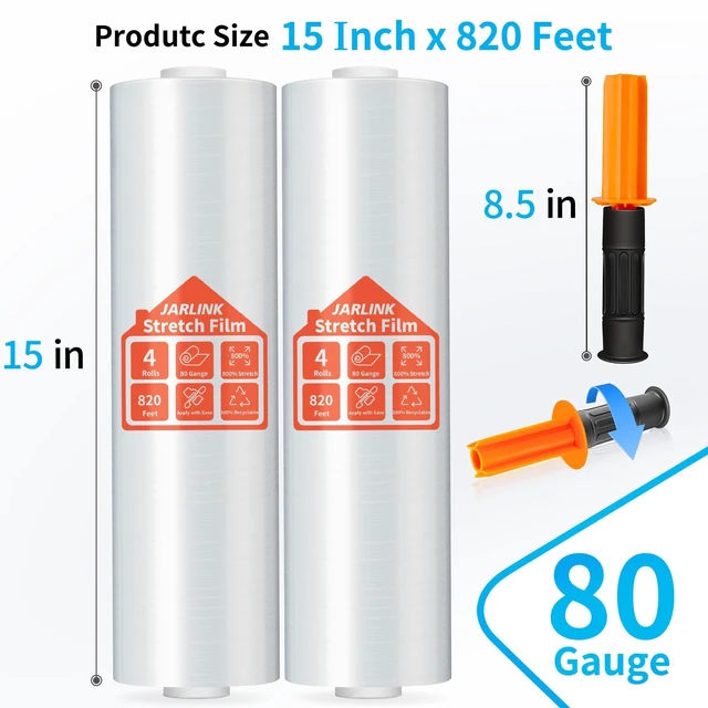Alt view image 9 of 14 - Stretch Film, 15" x 820' Shrink Wrap for Pallet Wrap, 80 Gauge | Industrial Strength Stretch Wrap up to 800% Stretch with Handles, Moving Wrapping Plastic Roll, 4 Pack
