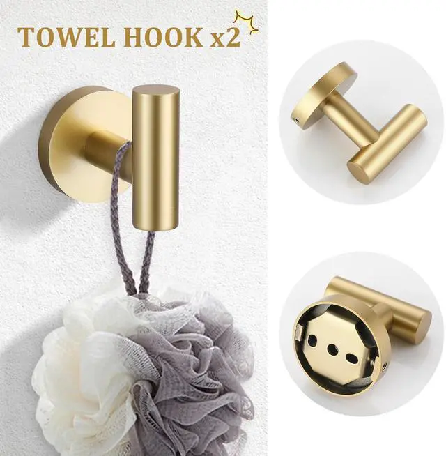 Alt view image 12 of 14 - Brushed Gold 5 Piece Bathroom Hardware Set, SUS304 Stainless Steel 24 Inch Bath Towel Bar Set, Round Bathroom Accessories Kit Wall Mounted
