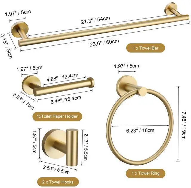 Alt view image 14 of 14 - Brushed Gold 5 Piece Bathroom Hardware Set, SUS304 Stainless Steel 24 Inch Bath Towel Bar Set, Round Bathroom Accessories Kit Wall Mounted