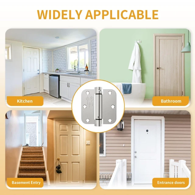 Alt view image 13 of 14 - 2 Pack Self Closing Door Hinges 3.5 Inch, Adjustable Tension | Spring Loaded Door Hinges for Garage/Front/Back Doors, 5/8'' Radius Corners, Fit Left/Right Hand Doors, UL Listed