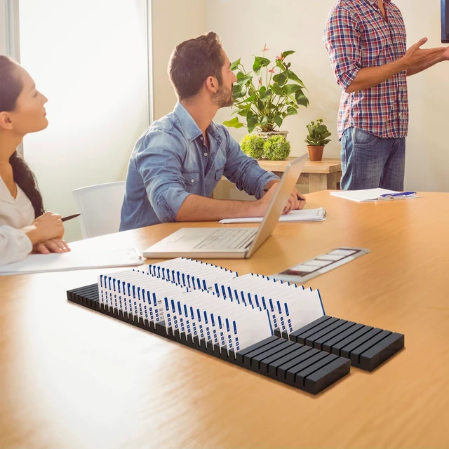 Alt view image 13 of 14 - 8Pcs 12" Wood Name Badge Holder Organizer, Business Card Holder | Black Counter Card Holder Stand for Name Tag ID Badge Plastic Card Holders, Detachable Display Tray for Desk Office Reception