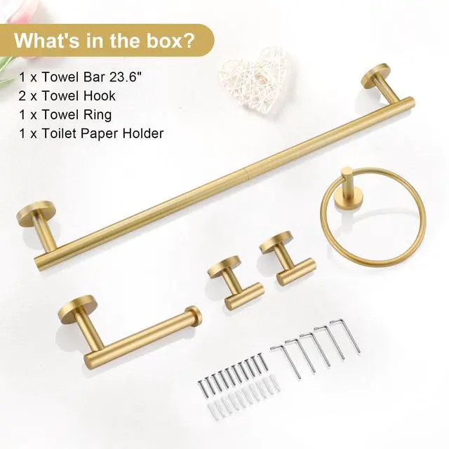 Alt view image 14 of 14 - 5 Piece Bathroom Accessories Set Brushed Gold Bathroom Hardware Set 23.6 Inch Bath Towel Bar Set SUS304 Stainless Steel Towel Rack Set