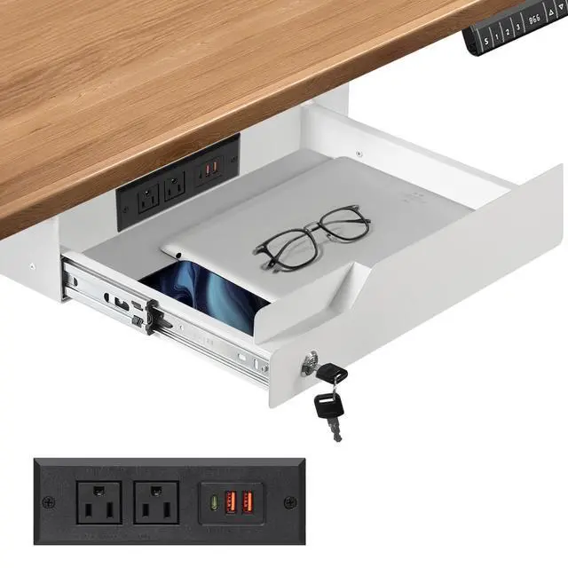Alt view image 8 of 14 - Under Desk Drawer Storage with Lock, Metal Undermount Table Drawer, Ball Bearing Slides Out Tray Organizer for Paper, Pencil, and Laptop,16"x11.8"x3.6", White With Power Strip