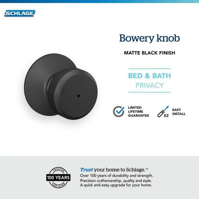 Alt view image 12 of 14 - Bowery Bed/Bath Privacy Door Knob with Lock, Matte Black | Interior bedroom or bathroom door knob with push button lock, Easy to install, Certified durability, Universal fit