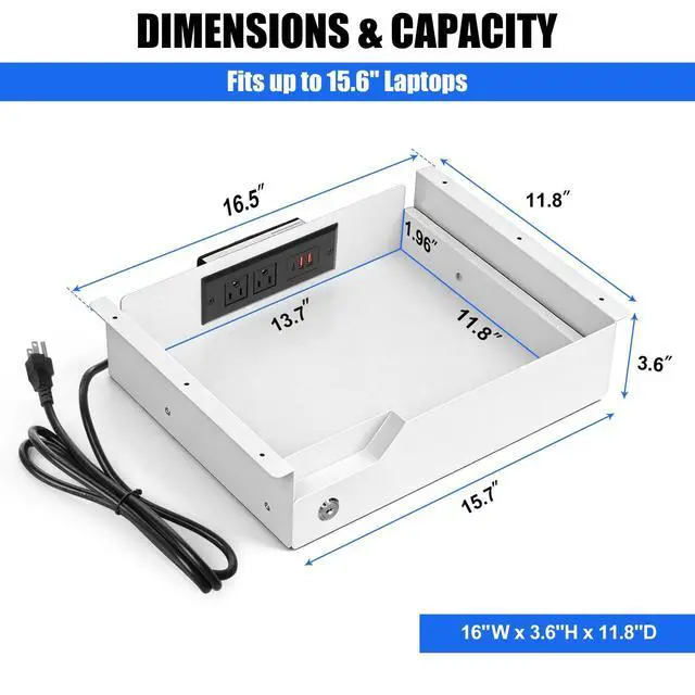 Alt view image 11 of 14 - Under Desk Drawer Storage with Lock, Metal Undermount Table Drawer, Ball Bearing Slides Out Tray Organizer for Paper, Pencil, and Laptop,16"x11.8"x3.6", White With Power Strip