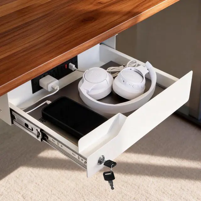 Alt view image 10 of 14 - Under Desk Drawer Storage with Lock, Metal Undermount Table Drawer, Ball Bearing Slides Out Tray Organizer for Paper, Pencil, and Laptop,16"x11.8"x3.6", White With Power Strip