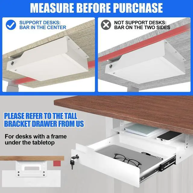 Alt view image 14 of 14 - Under Desk Drawer Storage with Lock, Metal Undermount Table Drawer, Ball Bearing Slides Out Tray Organizer for Paper, Pencil, and Laptop,16"x11.8"x3.6", White With Power Strip