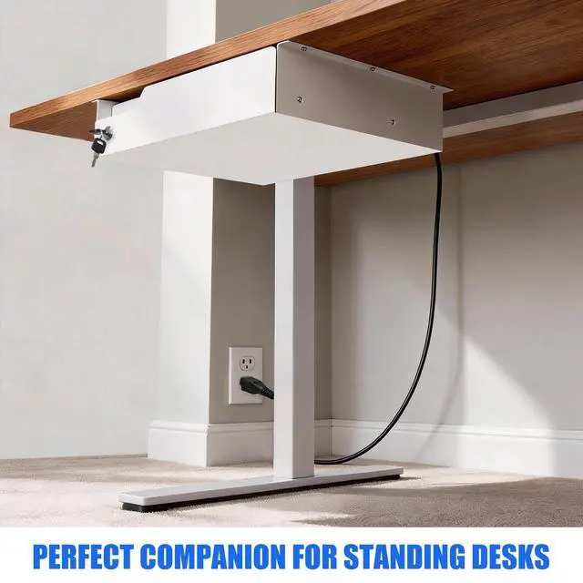 Alt view image 13 of 14 - Under Desk Drawer Storage with Lock, Metal Undermount Table Drawer, Ball Bearing Slides Out Tray Organizer for Paper, Pencil, and Laptop,16"x11.8"x3.6", White With Power Strip