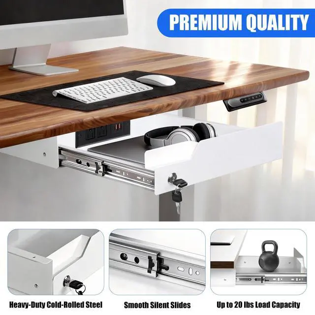 Alt view image 12 of 14 - Under Desk Drawer Storage with Lock, Metal Undermount Table Drawer, Ball Bearing Slides Out Tray Organizer for Paper, Pencil, and Laptop,16"x11.8"x3.6", White With Power Strip