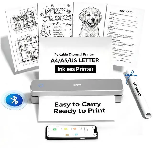 Alt view image 8 of 14 - MT610 Portable Thermal Printer, 203DPI Mobile-Travel-Printers, Inkless-Wireless-Small-Printer for Home Use, Office, Vehicles, Bluetooth Printers Supports 8.5" x 11" US Letter&A4&A5, White